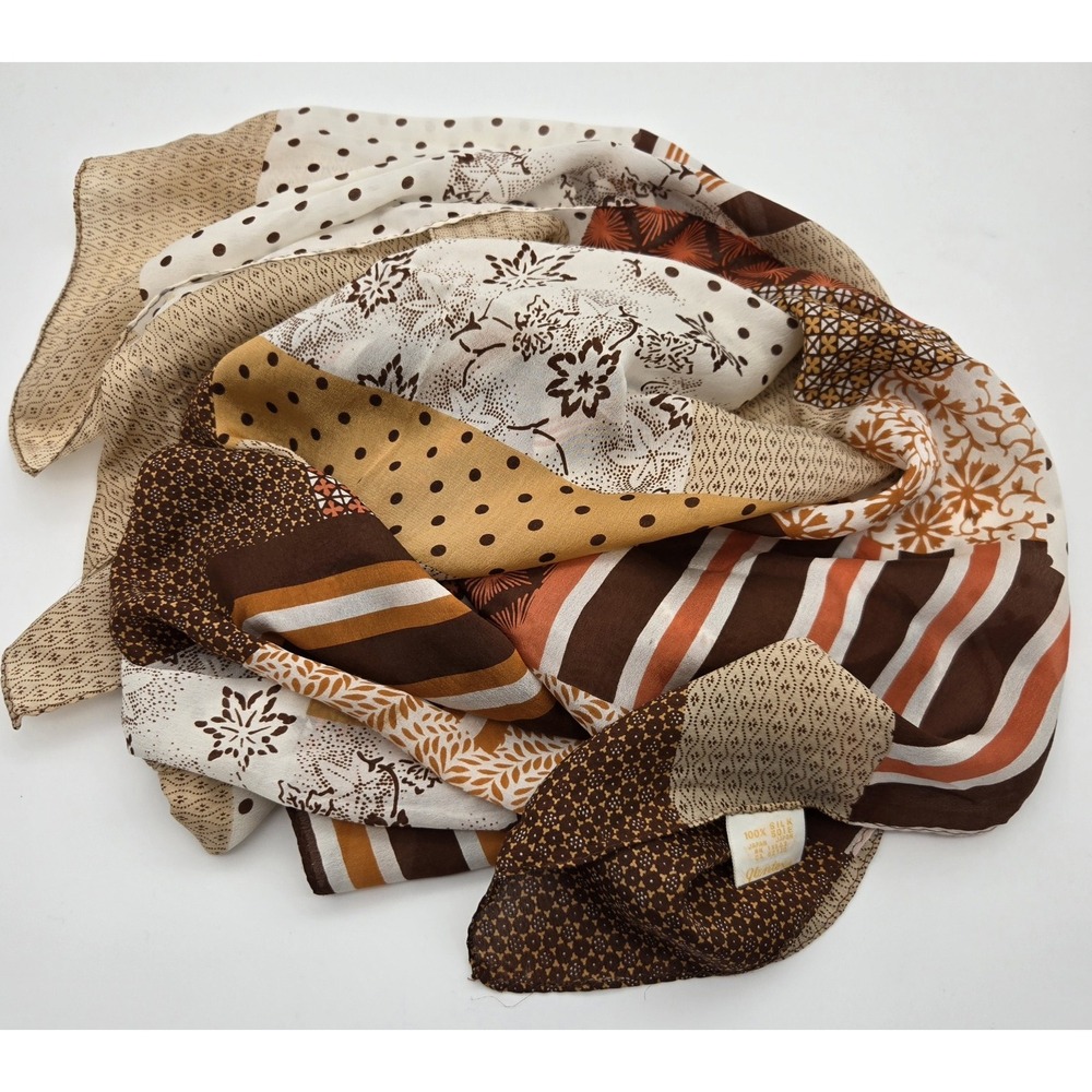 Glentex Silk Scarf Patchwork Print Brown Beige Square 30×30 Made Japan